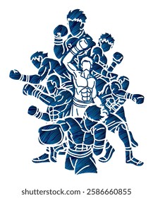 Silhouette Group of Boxer Fighter Boxing Sport Mix Kickboxing Action Muay Thai Cartoon Graphic Vector