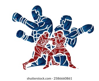 Silhouette Group of Boxer Fighter Boxing Sport Mix Kickboxing Action Muay Thai Cartoon Graphic Vector