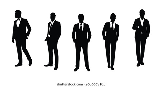 Silhouette of a group of business people standing, black white color man standing vector silhouettes