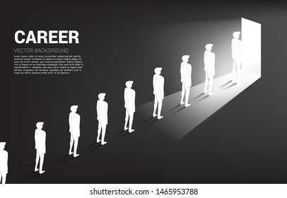 Silhouette group of businessman queue to exit the door. Concept of business career and recruitment.