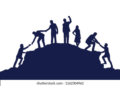 Silhouette group of businesspeople helping each other hike up  a mountain on white background. Business, success, leadership, achievement and goal concept. Vector illustration.