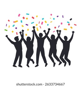 Silhouette of a group celebrating with confetti, symbolizing joy, success, teamwork, and group happiness