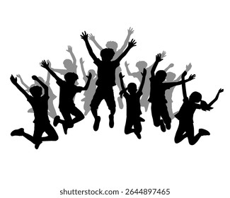Silhouette einer Gruppe springender Kinder, fröhlich und fröhlich springende Kinder, einzelne Ikone auf weißem Hintergrund	