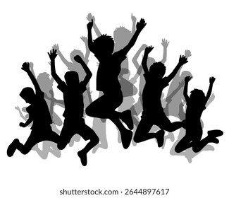 Silhouette of a group of children jumping, children jumping cheerfully and happily, isolated icon on white background	
