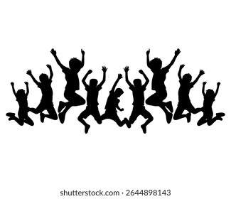 Silhouette of a group of children jumping, children jumping cheerfully and happily, isolated icon on white background	