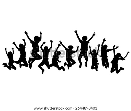 Silhouette of a group of children jumping, children jumping cheerfully and happily, isolated icon on white background	