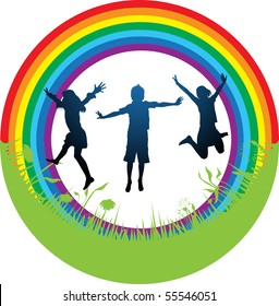 silhouette  group children  a rainbow and a grass