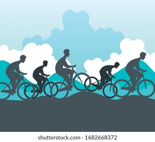 silhouette group of cyclists in championship vector illustration design