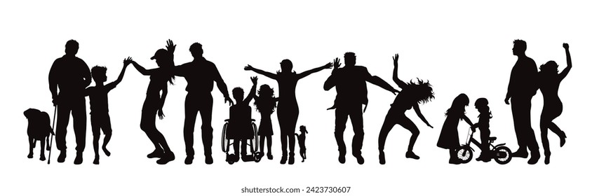 Silhouette of a group of different people on white background.