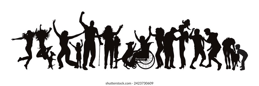 Silhouette of a group of different people on white background.