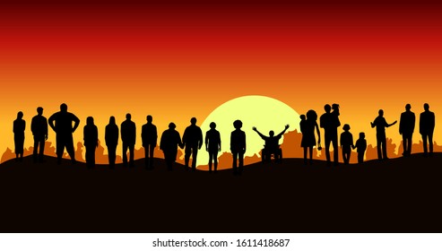 Silhouette group of different people standing on top of mountain. Sky and sunset background. Idea of unity and love. Vector illustration.