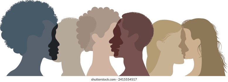 Grupo Silhouette. Diversidad multiétnica y multirracial. Las siluetas son perfiles de hombres y mujeres de cultura diversa. La igualdad racial es una sociedad multicultural. Concepto antirracista 
