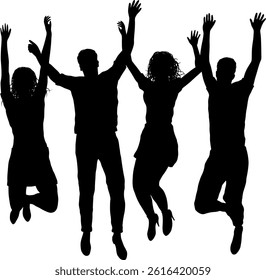 A silhouette of a group of energetic, dynamic and enthusiastic friends, jumping together in pure joy on a transparent background