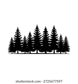 Silhouette of a group of evergreen pine trees on a white background