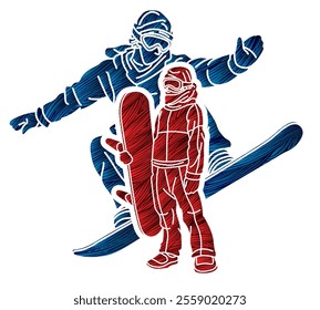 Silhouette Group of Extreme Sport Players Snowboard Players Snowboarder Mix Action Cartoon Graphic Vector