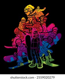 Silhouette Group of Extreme Sport Players Snowboard Players Snowboarder Mix Action Cartoon Graphic Vector