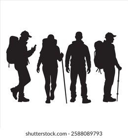 Silhouette of a group of four hikers with backpacks and trekking poles standing in different poses, perfect for outdoor adventure and hiking-themed designs