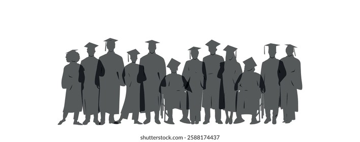 Silhouette of group of graduated students, wearing academic gowns and graduation caps.