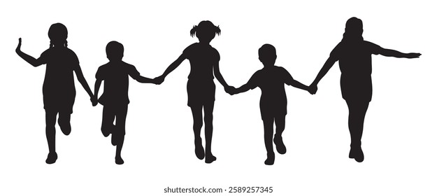 Silhouette of a group of happy and playful children holding hands outdoors