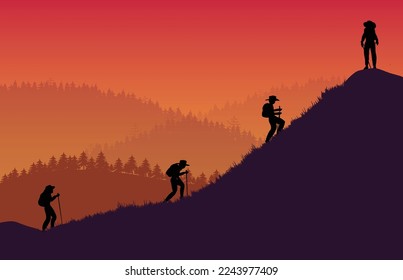 silhouette group hiker traveller   mountain orange gradient background