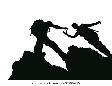 Silhouette group of man helping each other hike up a mountain background. Business, success, leadership, achievement and goal concept. Vector illustration.