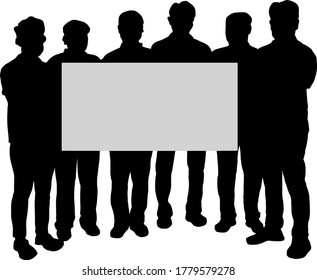 Silhouette of a group of man holding up a blank giant mock check. Vector illustration.