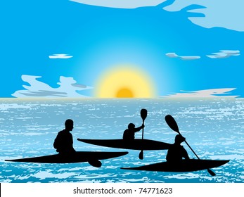 Silhouette group of man kayaking on lake at sunrise