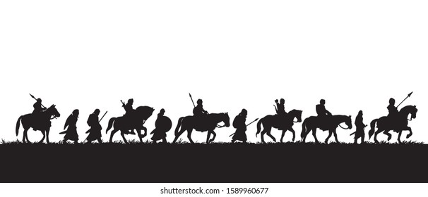 silhouette of group of medieval warriors on the expedition, vector black illustration on white background
