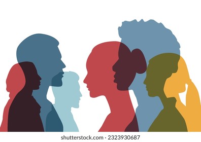 Grupo de siluetas de hombres y mujeres de cultura diversa. Ilustración vectorial de la sociedad multicultural