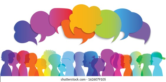 Silhouette group of modern children in rainbow colored profile. Communication between multi-ethnic children. Children talking. Multicultural kindergarten. Globalization. Speech bubble