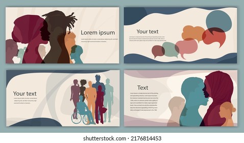 Silhouette group multicultural men and women of diverse cultures. Diversity people. Concept of racial equality and anti-racism. Banner. Set poster. Cover template. Leaflet copy space. Team