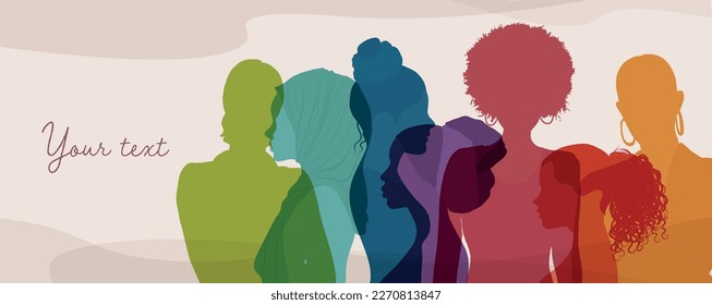 Silhouette group of multicultural women. Female social community of diverse culture. International Women s day. Colleagues. Racial equality.Banner poster copy space.Empowerment.Inclusive