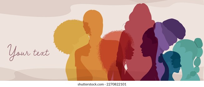 Silhouette group of multicultural women. Female social community of diverse culture. International Women s day. Colleagues. Racial equality.Banner poster copy space.Empowerment.Inclusive