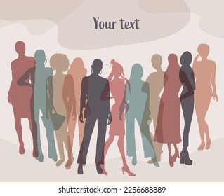 Silhouette group of multicultural women and girls standing Women’s day. Female social community of diverse culture. Racial equality. Colleagues. Empowerment or inclusion. Women's right