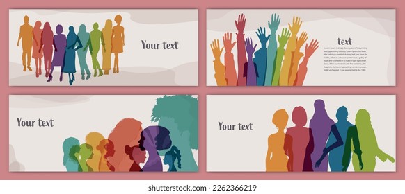 Silhouette group of multicultural women. International Women’s day. Female social community of diverse culture. Colleagues. Racial equality.  Empowerment or inclusion. Template banner poster