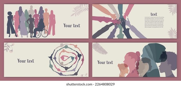 Silhouette group of multicultural women. International Women's day. Colleagues. Female social community of diverse culture.Racial equality.Empowerment or inclusion.Template banner poster