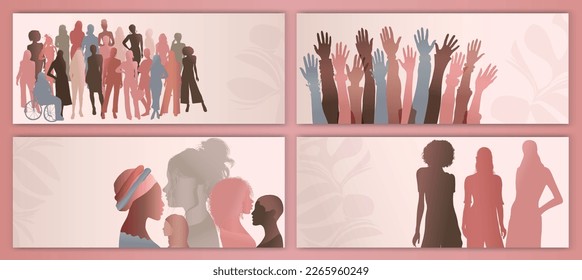 Silhouette group of multicultural women. Template banner poster. International Womens day. Colleagues. Female social community of diverse culture.  Racial equality.Empowerment or inclusive