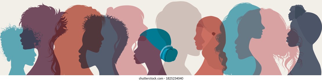 Silhouette group multiethnic diversity women and girl who talk and share ideas and information. Women social network community. Communication and female friendship and of diverse culture