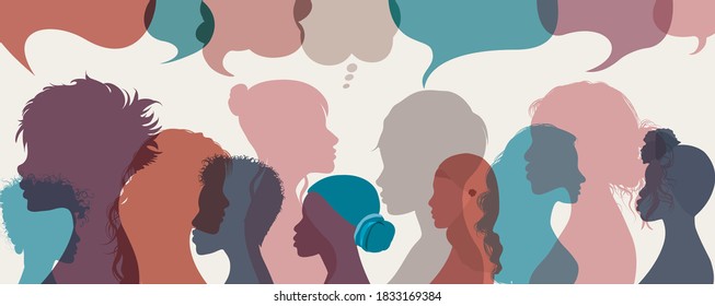 Silhouette group multiethnic diversity women who talk and share ideas and information. Communication and friendship women or girls diverse cultures. Social network community. Speech bubble
