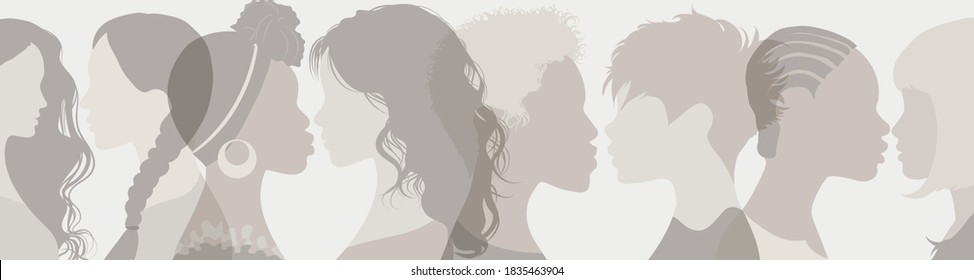 Silhouette group multiethnic diversity women and girl who talk and share ideas and information. Women social network community. Communication and female friendship and of diverse culture