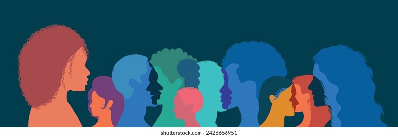 Silhouette of a group of multiethnic people. Racial equality in a multicultural society. Anti-racism concept. Profile silhouettes of different people