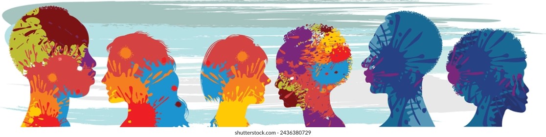 Silhouette of a group of multiethnic people. Racial equality in a multicultural society. Anti-racism concept. Profile silhouettes of different people