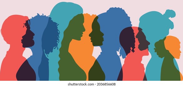 Silhouette group of multiethnic women and man who talk and share ideas and information. Communication and friendship women or girls of diverse cultures. Women social network community. Speak	