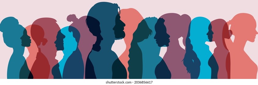 Silhouette group of multiethnic women and man who talk and share ideas and information. Communication and friendship women or girls of diverse cultures. Women social network community. Speak	