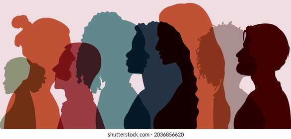 Silhouette group of multiethnic women and man who talk and share ideas and information. Communication and friendship women or girls of diverse cultures. Women social network community. Speak	