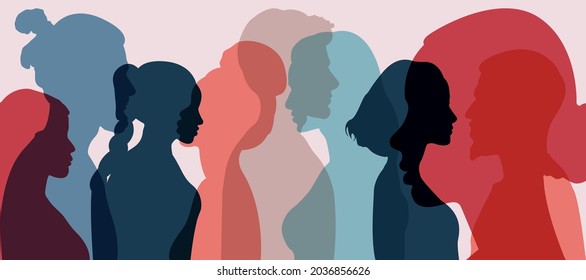 Silhouette group of multiethnic women and man who talk and share ideas and information. Communication and friendship women or girls of diverse cultures. Women social network community. Speak	