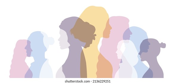 Grupo de Silhouette de mujeres multiétnicas y hombres que hablan y comparten ideas e información. Comunicación y amistad de mujeres o niñas de diversas culturas. Comunidad de redes sociales de mujeres. Habla. Ucrania 