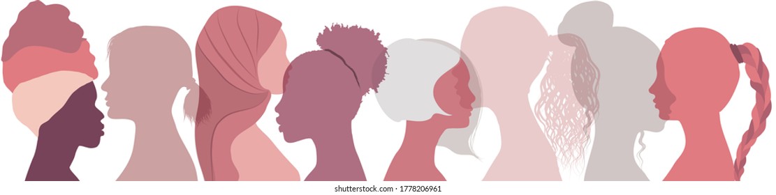 Silhouette group of multiethnic women who talk and share ideas and information. Social network female community. Communication and friendship between women or girls of diverse cultures 