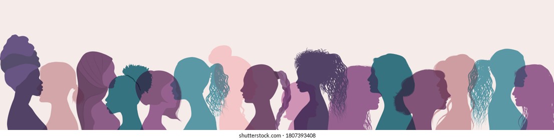 Silhouette group of multiethnic women who talk and share ideas and information. Women social network community. Communication and friendship women or girls of diverse cultures. Speak