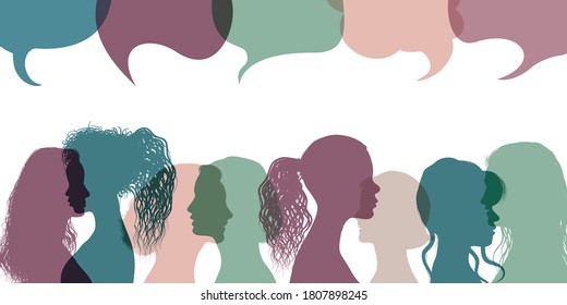 Silhouette group multiethnic women who talk and share ideas and information. Communication and friendship women or girls diverse cultures. Women social network community. Speech bubble